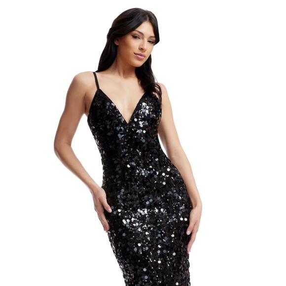 DRESS THE POPULATION Cammie Black Sequin Maxi Dress Size Small - Picture 2 of 8